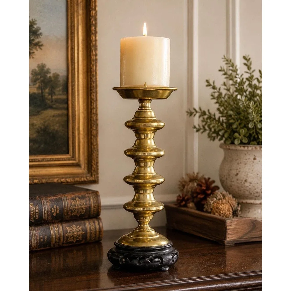 Vintage Brass Pillar Candle Holder with Black Wood Base